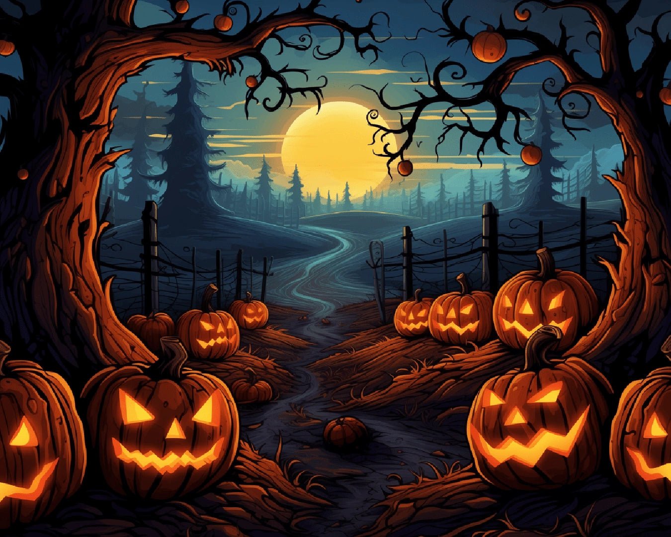 Paint by numbers canvas featuring a moonlit forest path with carved pumpkins and autumn atmosphere