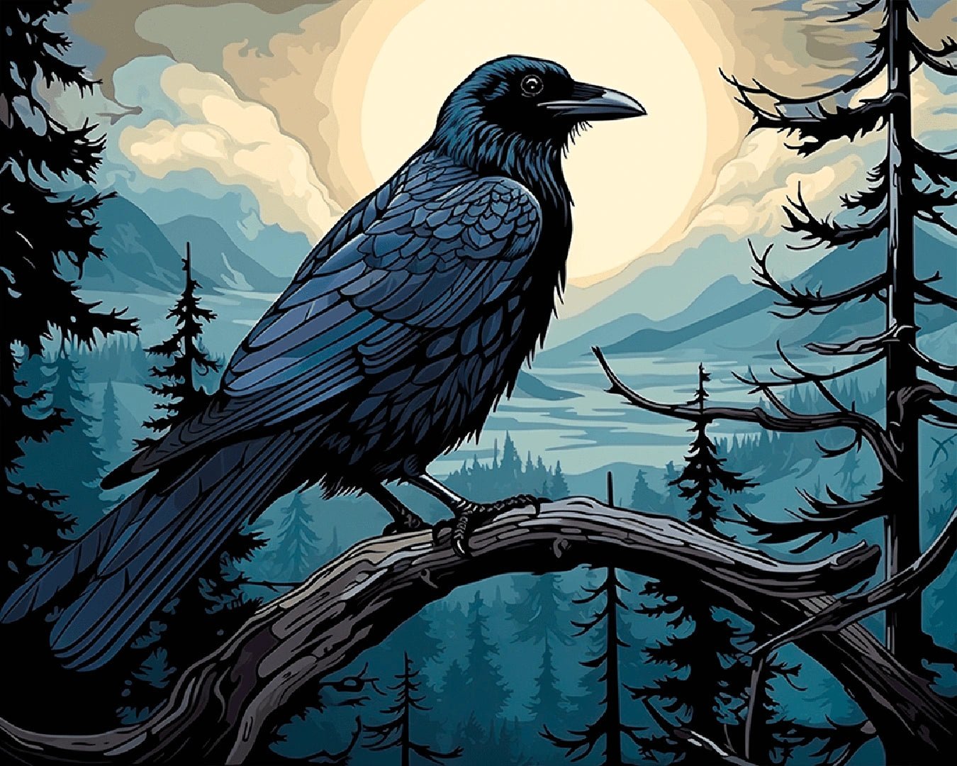 Canvas wildlife paint by numbers kit for adults showcasing a raven silhouette against a moonlit forest background by Tinta Canvas