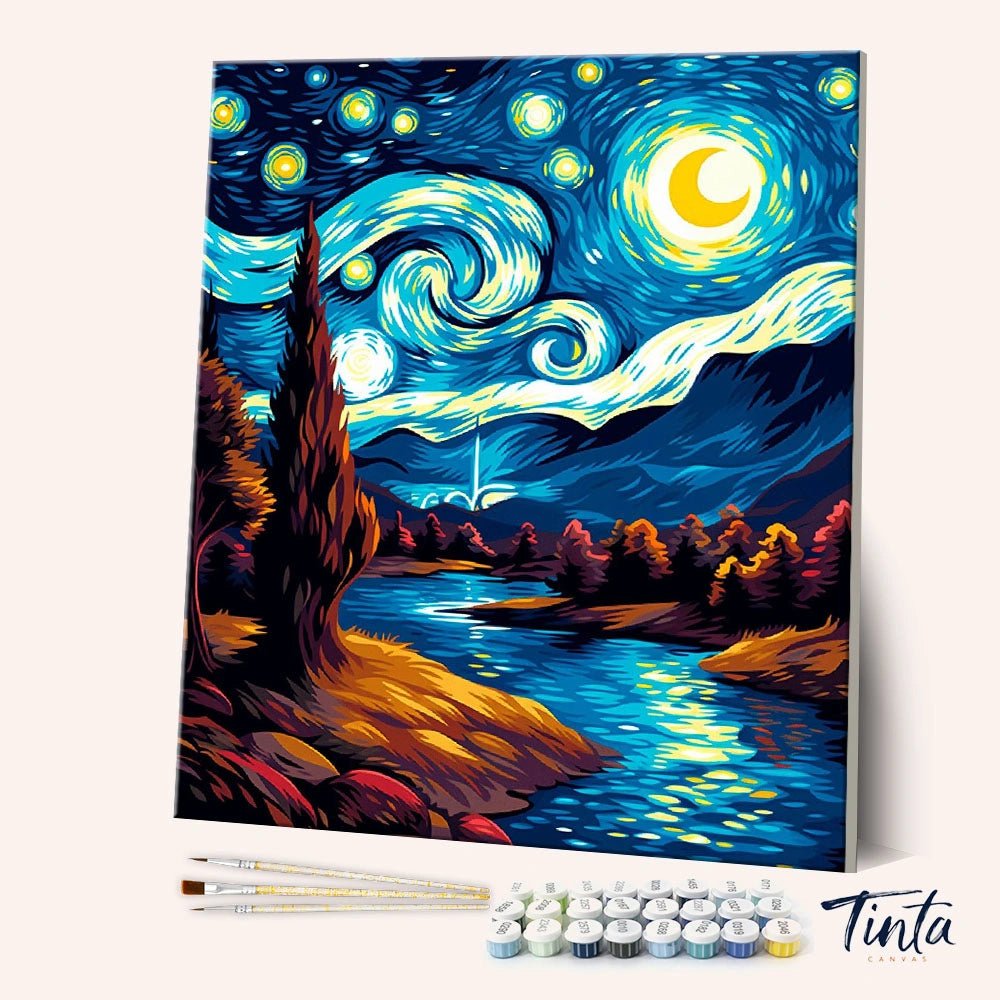 Angled display of the Moonlit River Swirl paint by numbers kit showing a glowing moon and swirling night sky over a river by Tinta Canvas