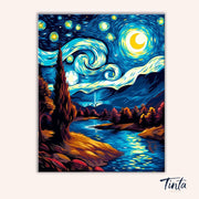 Clean artwork of the Moonlit River Swirl paint by numbers kit featuring a starry sky swirling above a bright moonlit river by Tinta Canvas