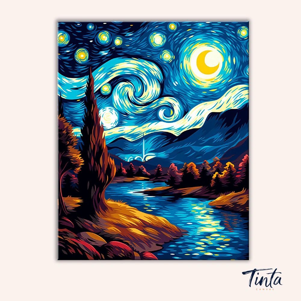 Clean artwork of the Moonlit River Swirl paint by numbers kit featuring a starry sky swirling above a bright moonlit river by Tinta Canvas