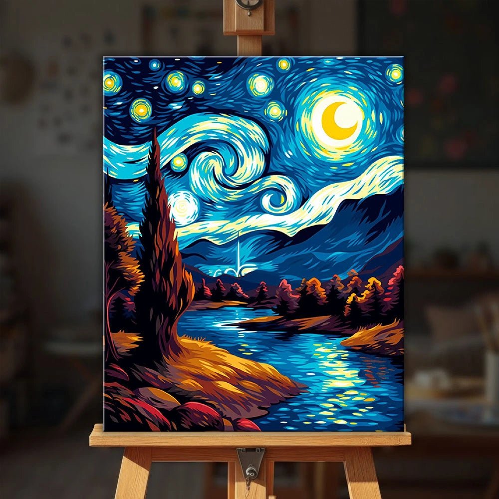 Moonlit River Swirl paint by numbers kit displayed on an easel showing a luminous moon reflecting on a flowing river by Tinta Canvas