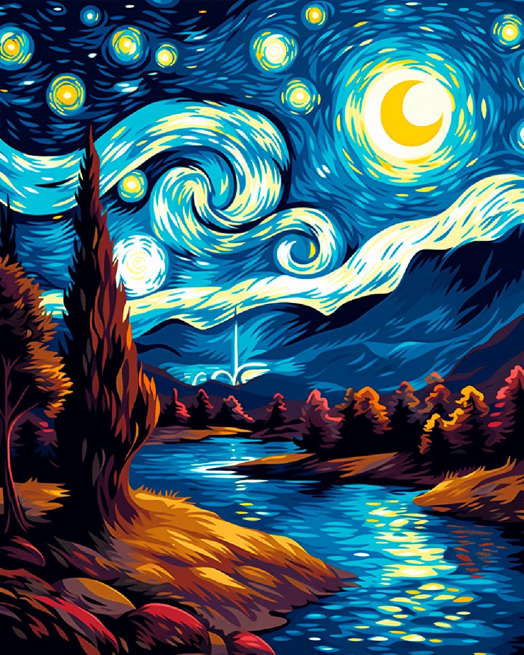 Raw artwork from the Moonlit River Swirl paint by numbers kit showing swirling stars and a glowing moon above a calm river by Tinta Canvas