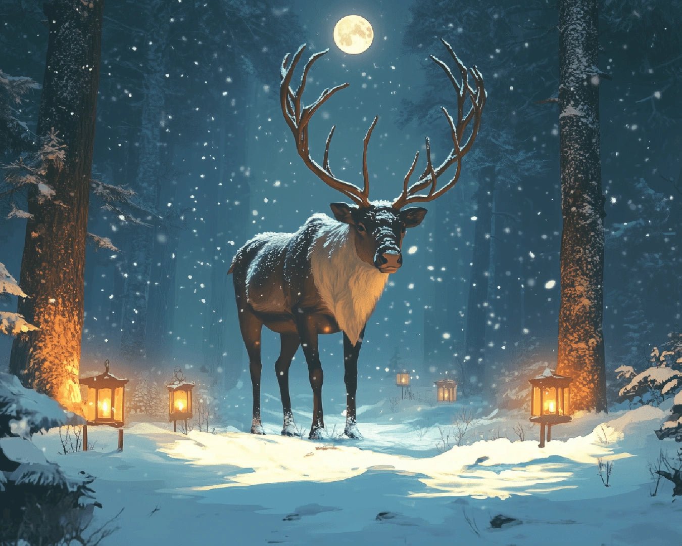 Snowy forest paint by numbers canvas with a stag under moonlight, falling snow, tall pine trees, and warm lantern glow