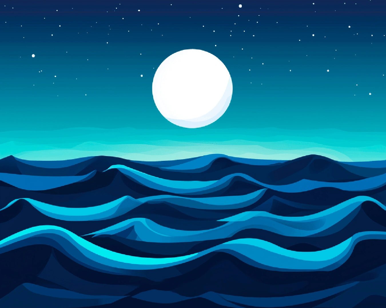 Moon paint by numbers kit canvas painting showing a full moon above soft rolling ocean waves at night