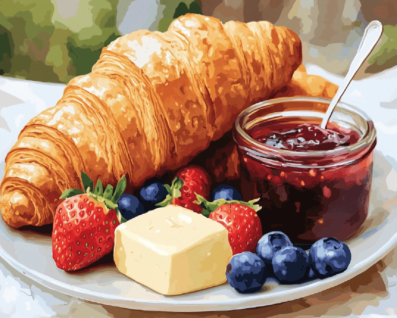 Food paint by numbers kit canvas painting featuring a cozy croissant breakfast still life