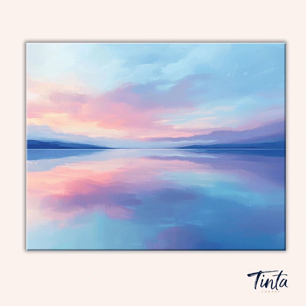 Clean artwork of the Morning Lake paint by numbers kit featuring a serene lake reflecting soft pink and blue sunrise skies by Tinta Canvas