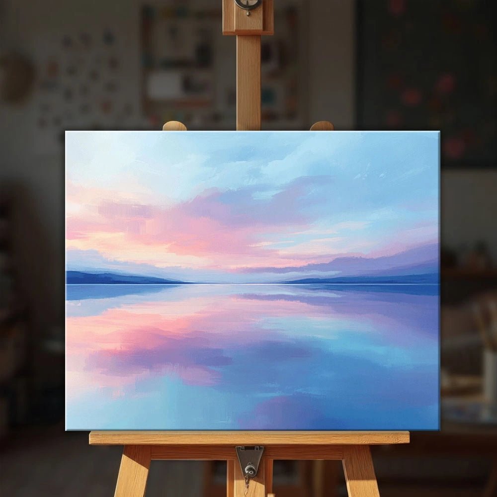 Morning Lake paint by numbers kit displayed on an easel showing tranquil water and pastel sunrise reflections by Tinta Canvas
