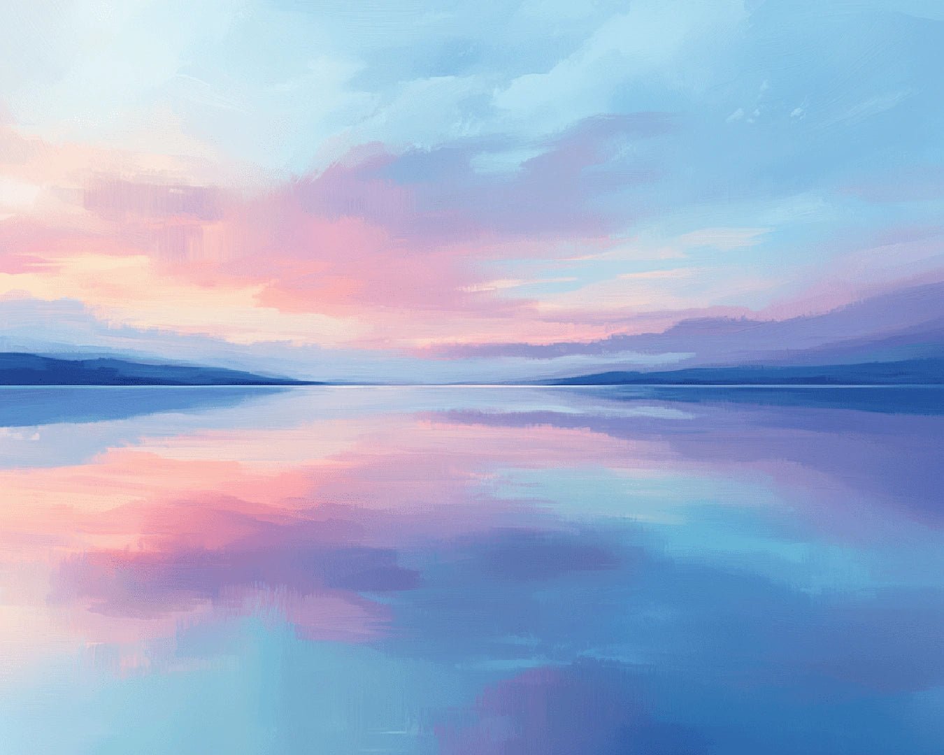 Raw landscape artwork from the Morning Lake paint by numbers kit showing a peaceful sunrise lake with mirror reflections by Tinta Canvas