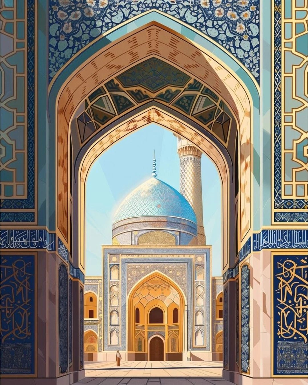 Islamic paint by numbers kit canvas painting showing mosque beauty with blue dome and detailed tile patterns