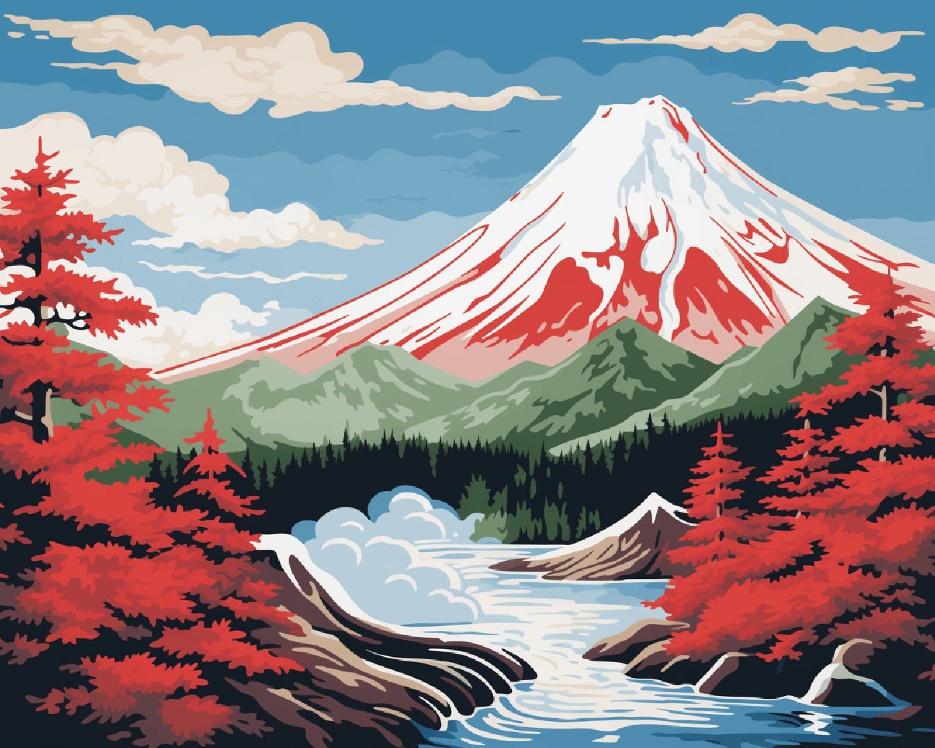 Canvas landscape paint by numbers kit for adults showcasing Mount Fuji with snow-capped peak and flowing river by Tinta Canvas