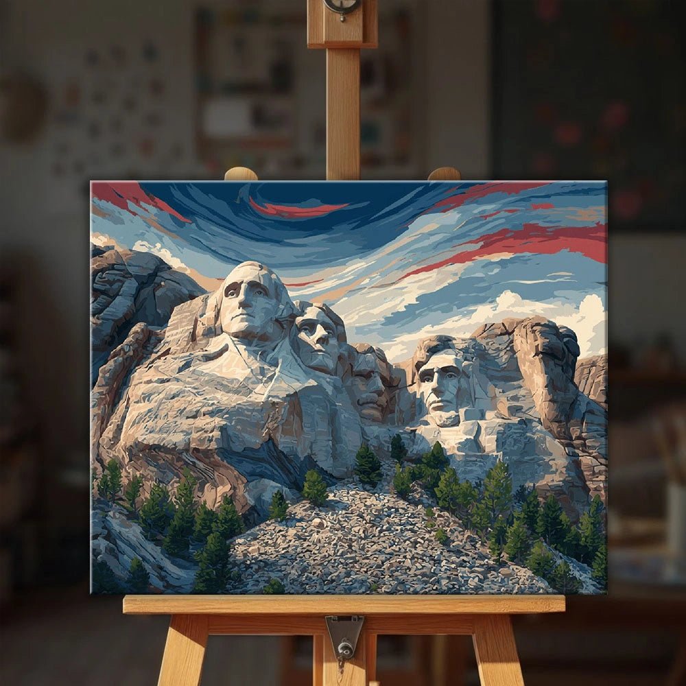 Mount Rushmore paint by numbers kit displayed on an easel showing detailed mountain monument with dramatic sky by Tinta Canvas