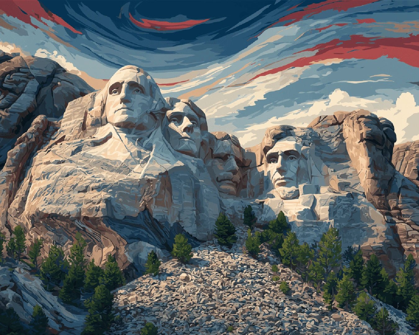 Raw landscape artwork from the Mount Rushmore paint by numbers kit showing the historic monument and rocky mountain setting by Tinta Canvas