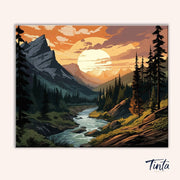 Clean artwork of the Mountain Landscape paint by numbers kit featuring a glowing sunset over mountains and forest by Tinta Canvas