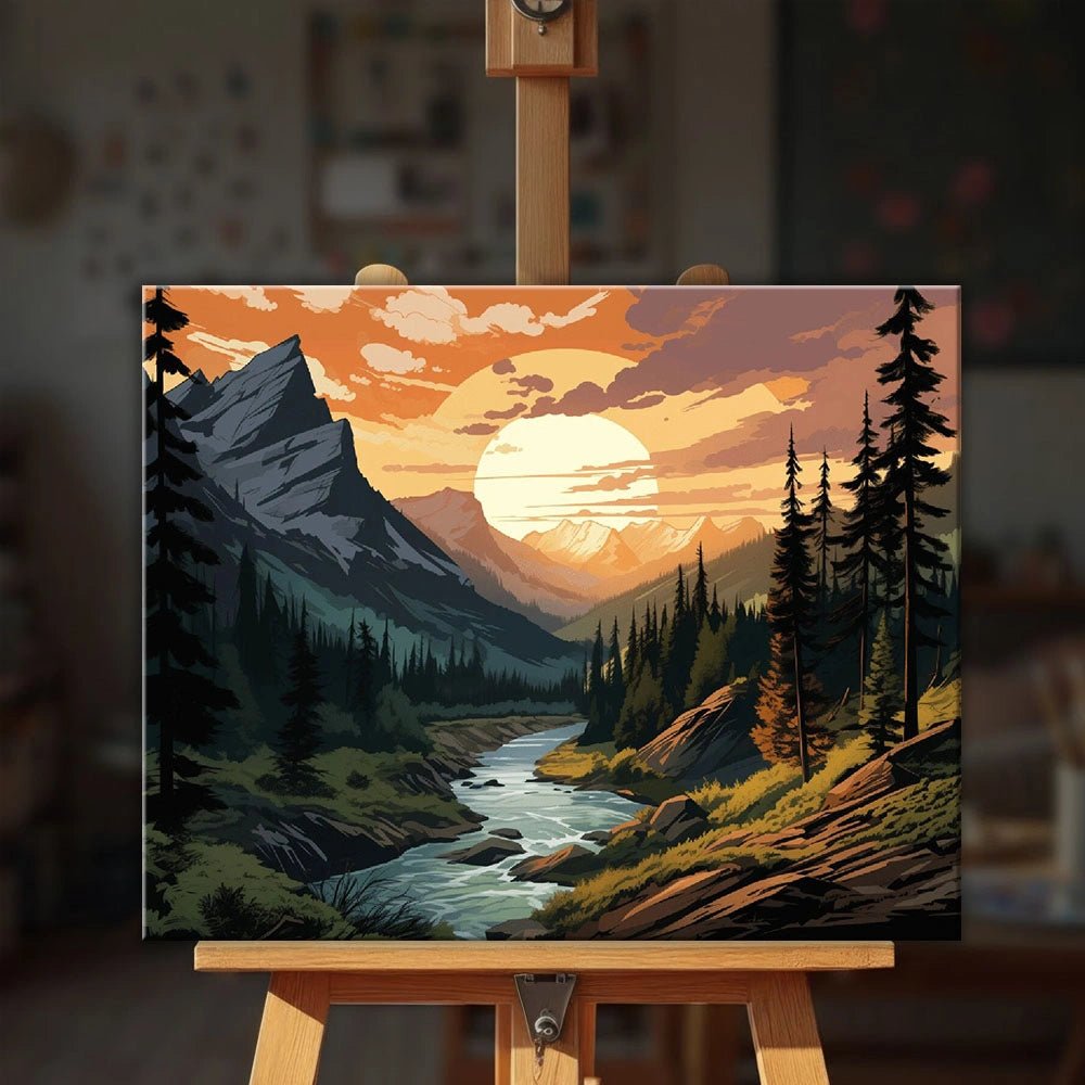 Mountain Landscape paint by numbers kit displayed on an easel showing a scenic river winding through alpine forest by Tinta Canvas