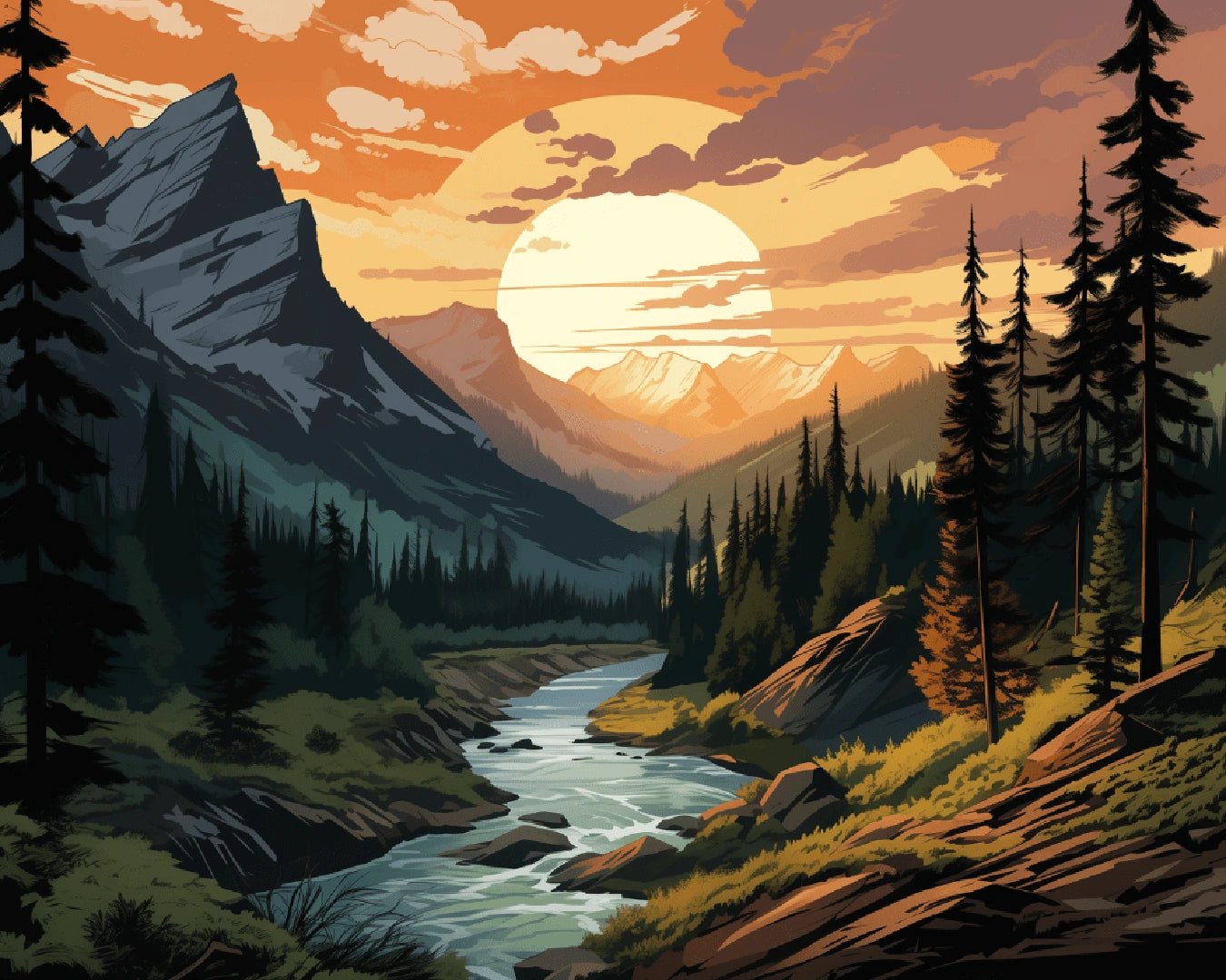 Raw landscape artwork from the Mountain Landscape paint by numbers kit showing sunset light over mountains and river by Tinta Canvas