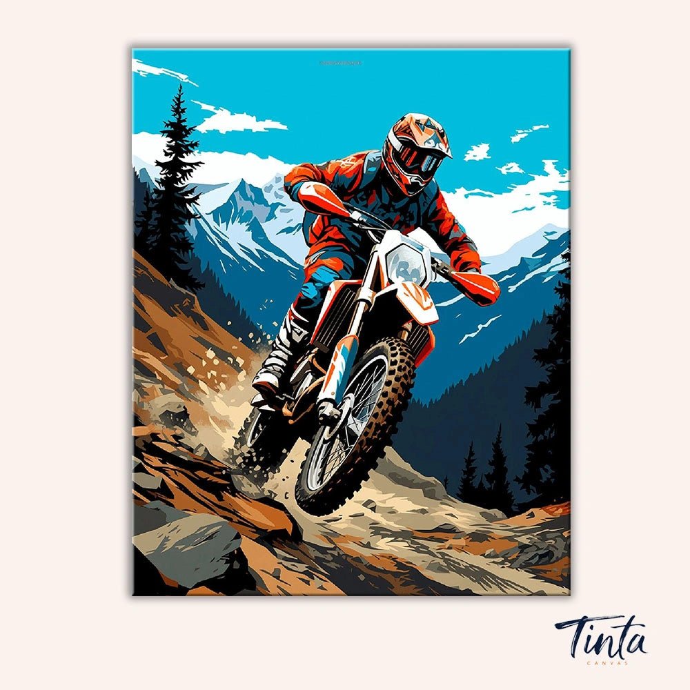 Clean artwork of the Mountain Trail Rider paint by numbers kit featuring a dirt bike rider speeding through rocky alpine terrain by Tinta Canvas