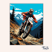 Clean artwork of the Mountain Trail Rider paint by numbers kit featuring a dirt bike rider speeding through rocky alpine terrain by Tinta Canvas