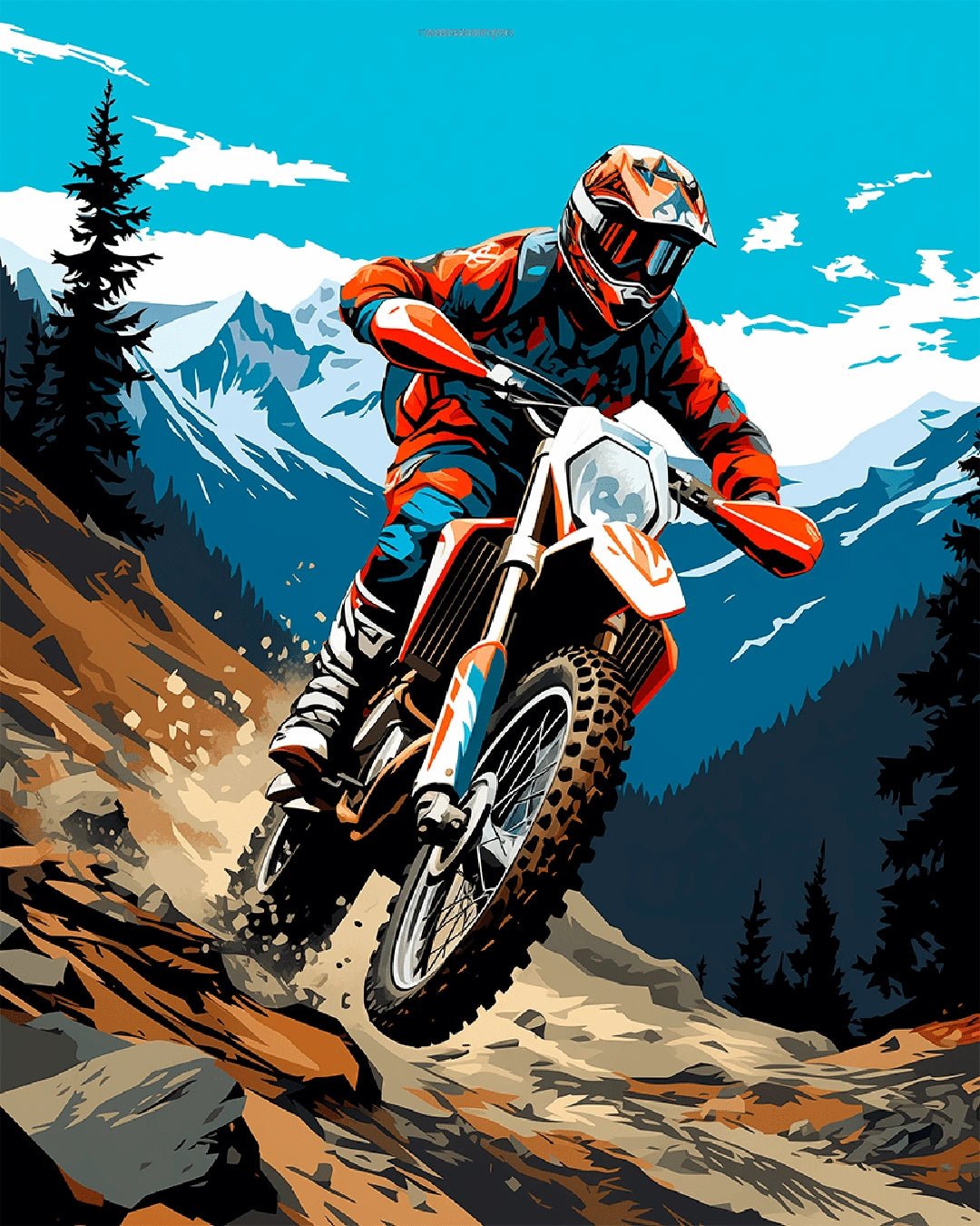 Raw artwork from the Mountain Trail Rider paint by numbers kit showing an off road motorcycle rider on a steep alpine trail by Tinta Canvas