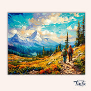 Clean artwork of the Mountain Trek paint by numbers kit featuring hikers on a scenic mountain path with snowy peaks by Tinta Canvas