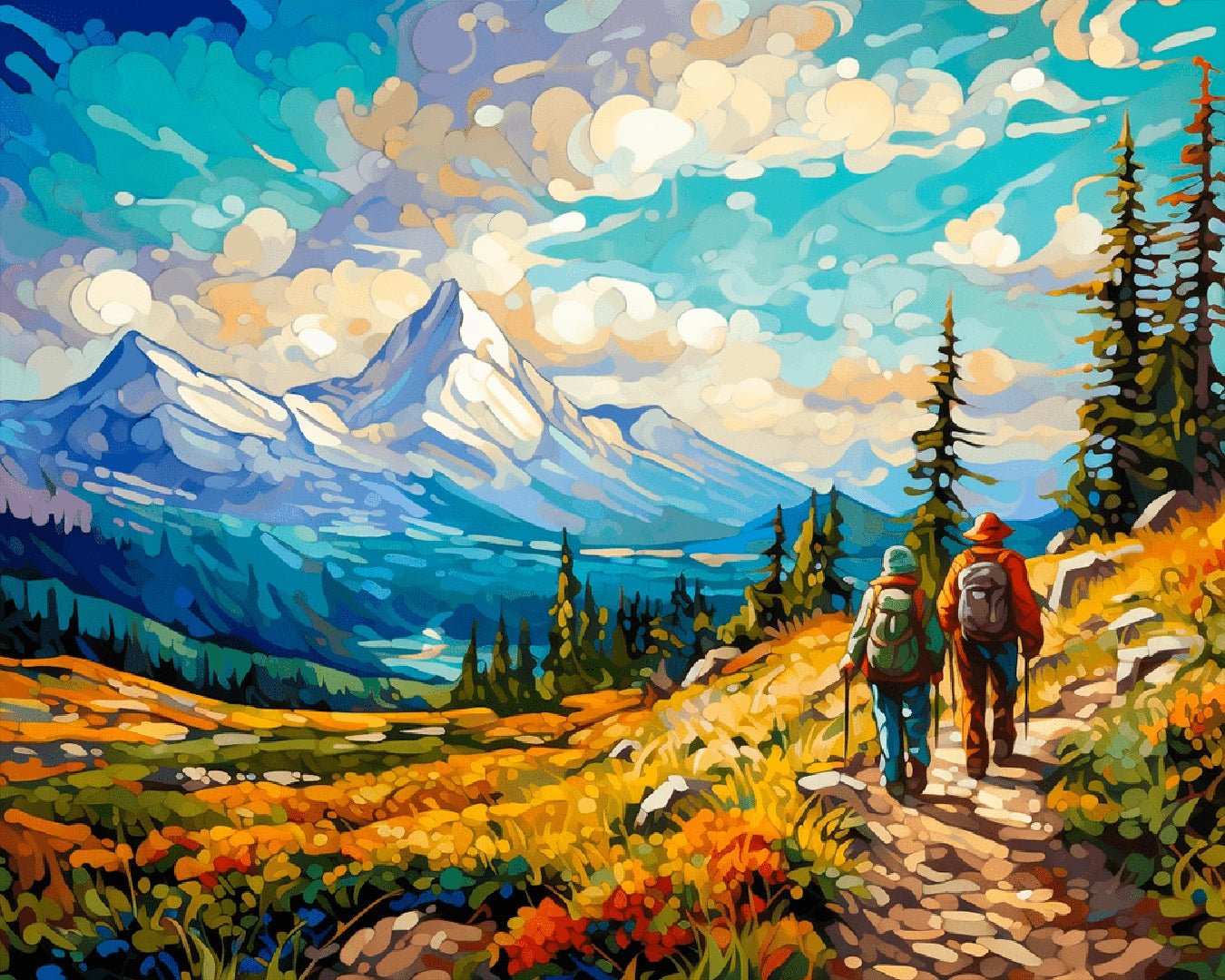 Raw landscape artwork from the Mountain Trek paint by numbers kit showing hikers trekking through colorful mountain scenery by Tinta Canvas