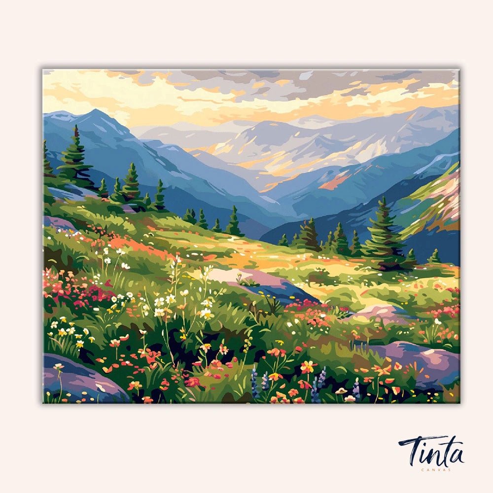 Clean artwork of the Mountain Wildflowers paint by numbers kit featuring blooming alpine flowers and distant mountain peaks by Tinta Canvas