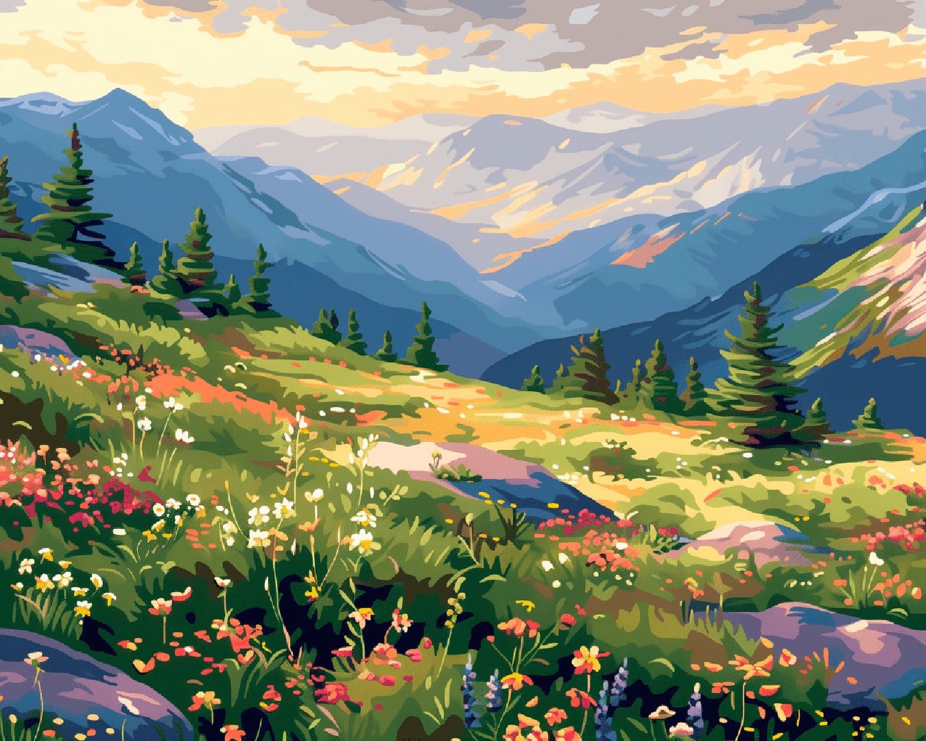Raw landscape artwork from the Mountain Wildflowers paint by numbers kit showing colorful meadow flowers with layered mountain views by Tinta Canvas