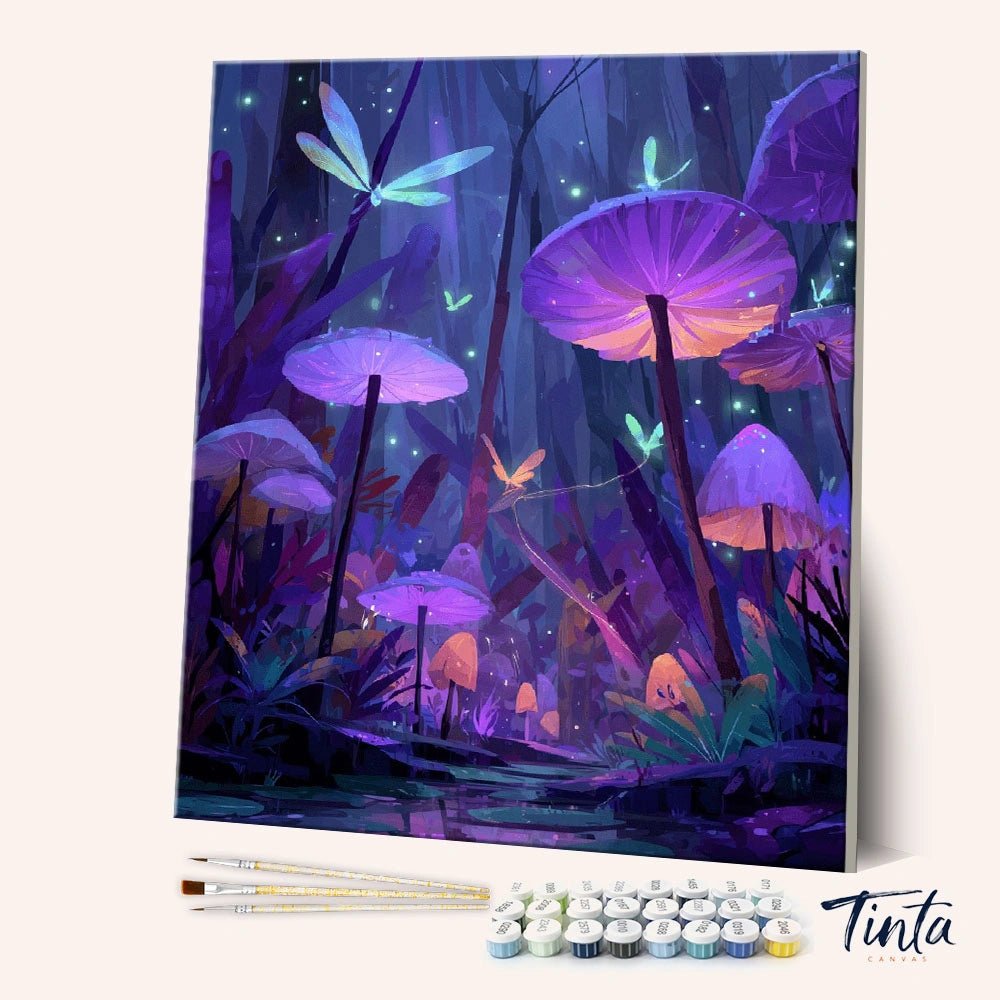 Angled display of the Mushroom Garden paint by numbers kit showing glowing forest mushrooms and fireflies by Tinta Canvas