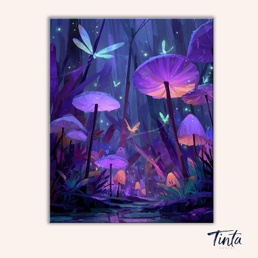 Clean artwork of the Mushroom Garden paint by numbers kit featuring luminous mushrooms and dragonflies in a magical forest by Tinta Canvas