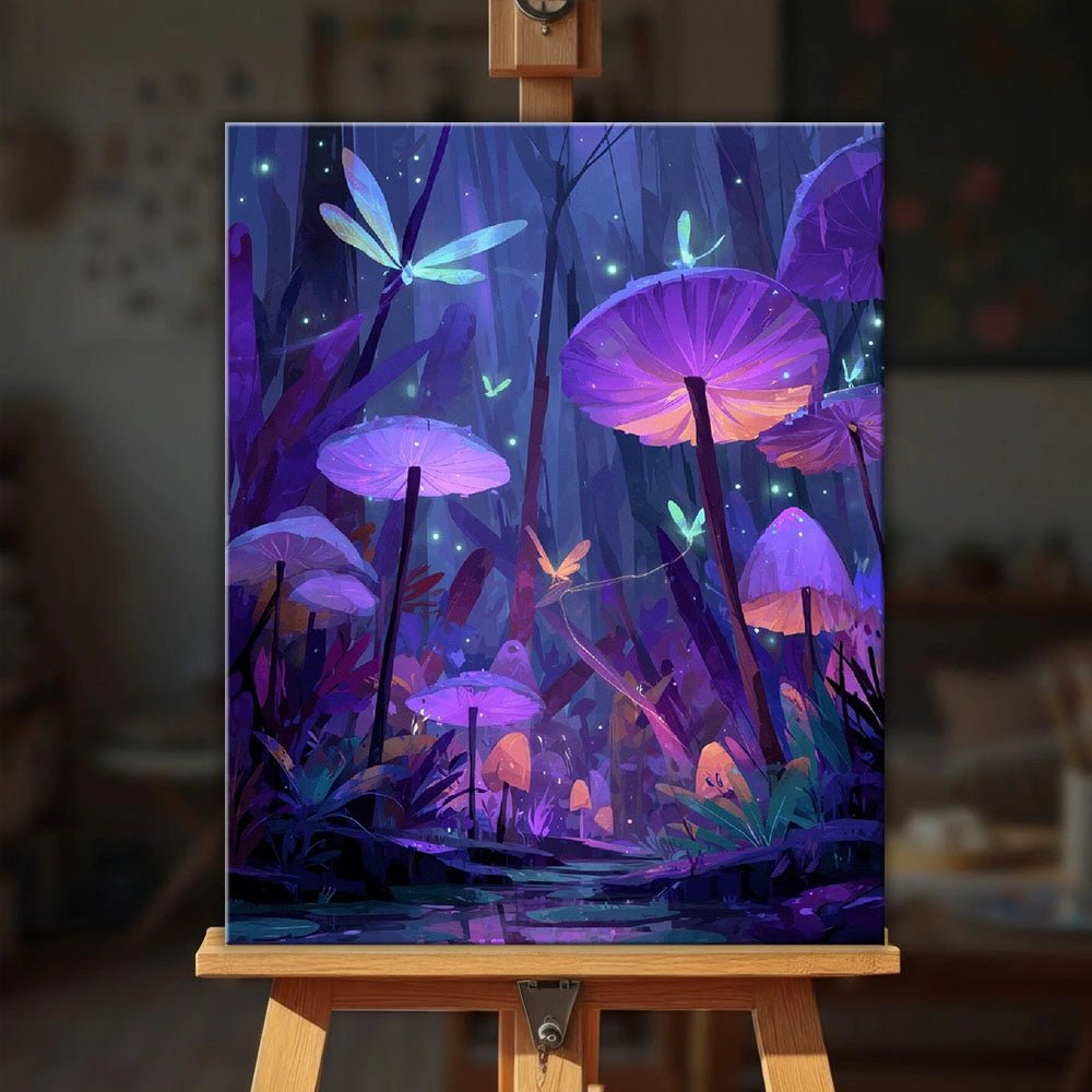 Mushroom Garden paint by numbers kit displayed on an easel showing glowing purple mushrooms in an enchanted woodland by Tinta Canvas
