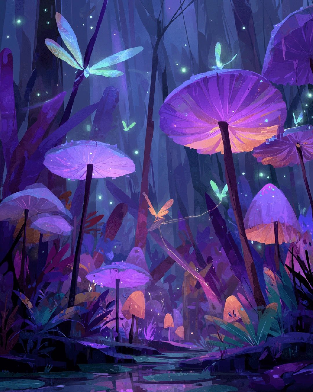 Raw artwork from the Mushroom Garden paint by numbers kit showing bioluminescent mushrooms and fireflies in a dreamy forest by Tinta Canvas