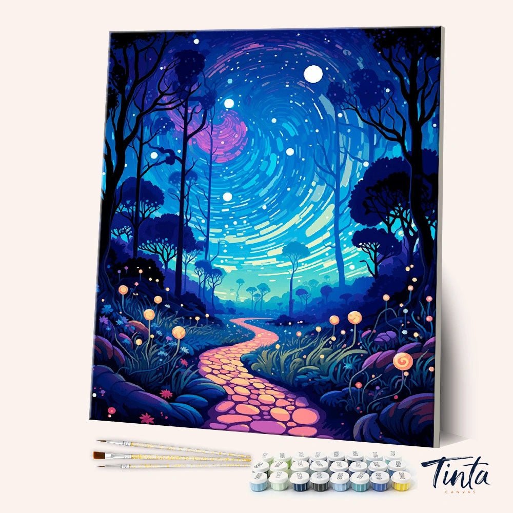 Angled display of the Mystical Pathway paint by numbers kit showing a glowing path under a swirling starry sky by Tinta Canvas