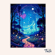 Clean artwork of the Mystical Pathway paint by numbers kit featuring a winding luminous trail beneath a magical night sky by Tinta Canvas