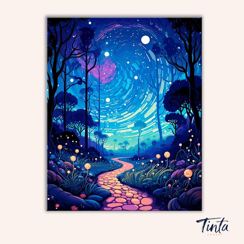 Clean artwork of the Mystical Pathway paint by numbers kit featuring a winding luminous trail beneath a magical night sky by Tinta Canvas
