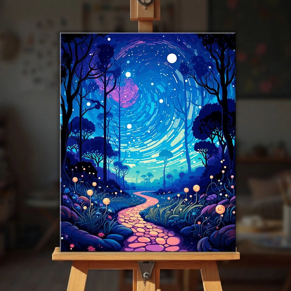 Mystical Pathway paint by numbers kit displayed on an easel showing a glowing forest path under swirling stars by Tinta Canvas