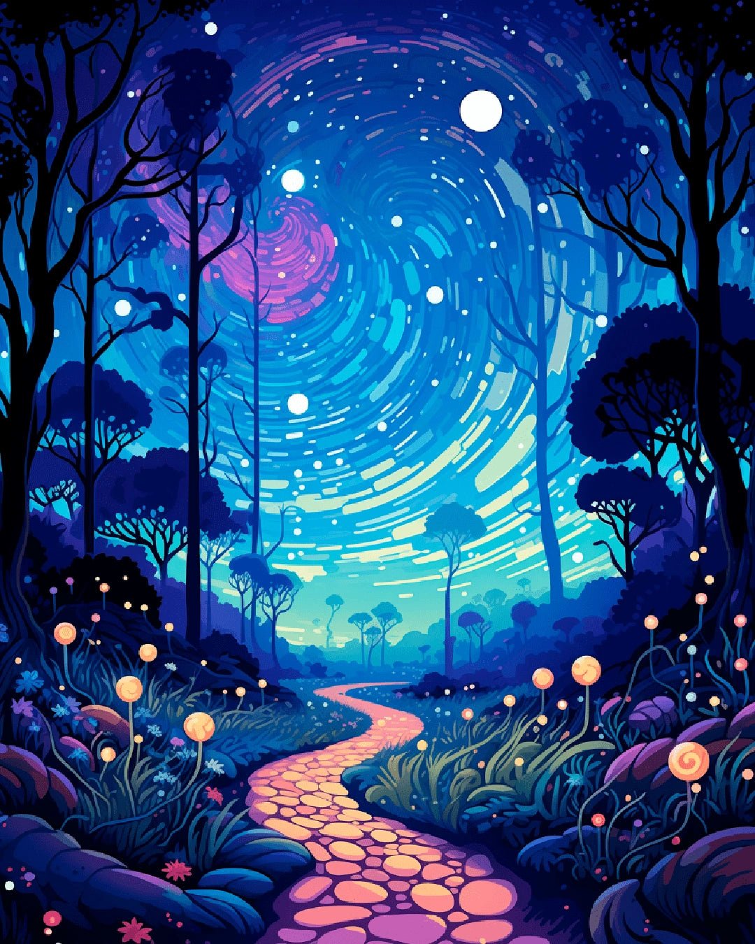 Raw artwork from the Mystical Pathway paint by numbers kit showing a glowing stone path through a dreamy night forest by Tinta Canvas