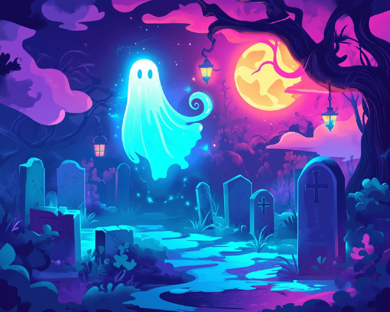 Spooky paint by numbers kit canvas painting showing glowing ghost in neon graveyard at night
