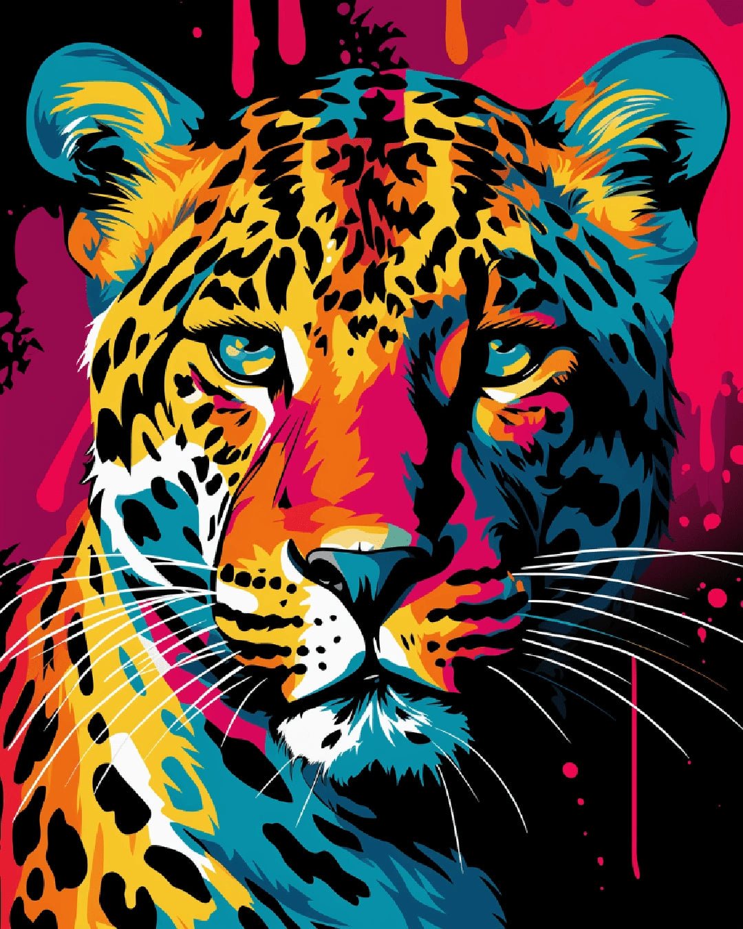 Pop art animal paint by numbers kit showing a colorful neon leopard portrait artwork
