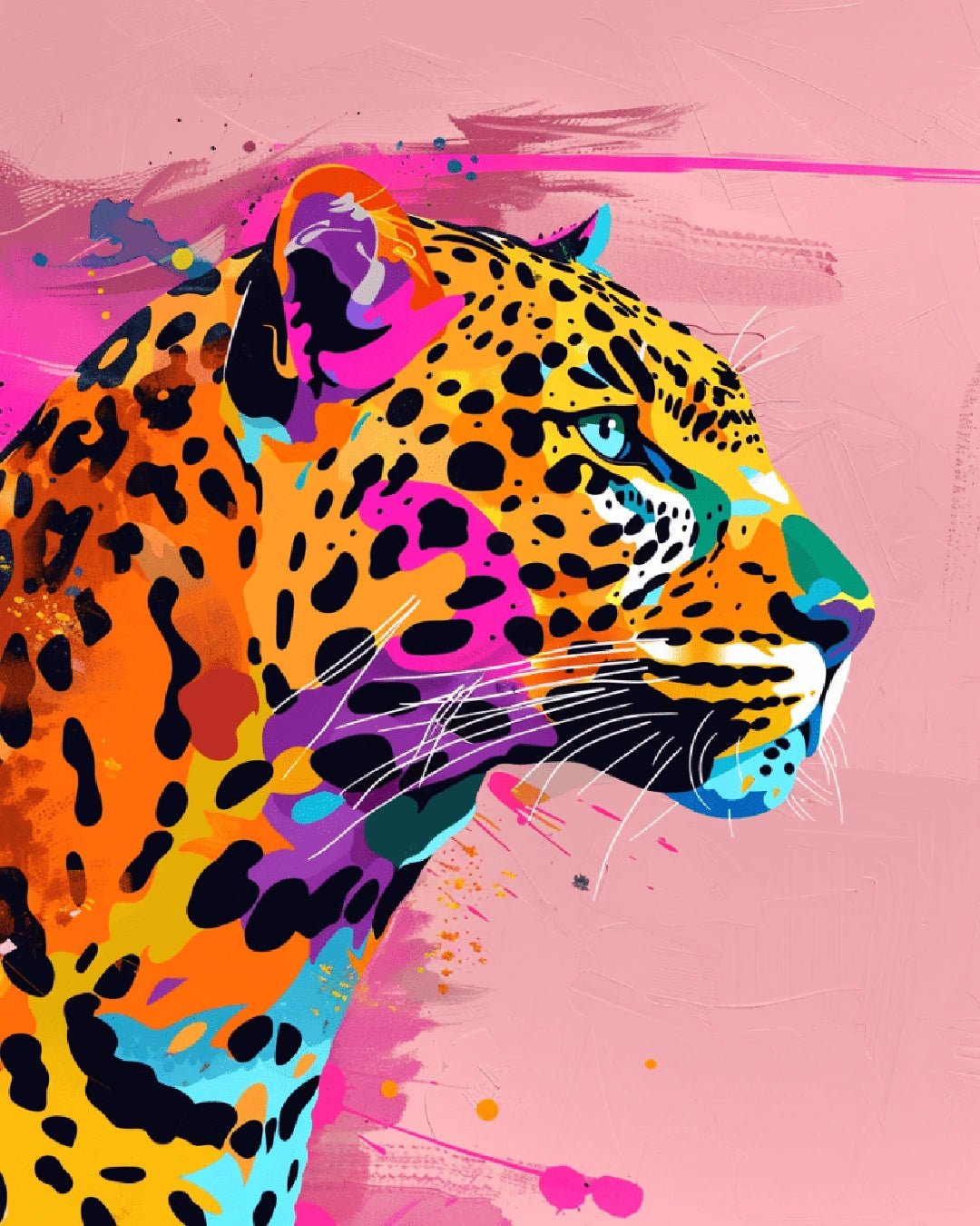 Modern animal paint by numbers kit canvas painting showing a vibrant leopard with bold neon colors