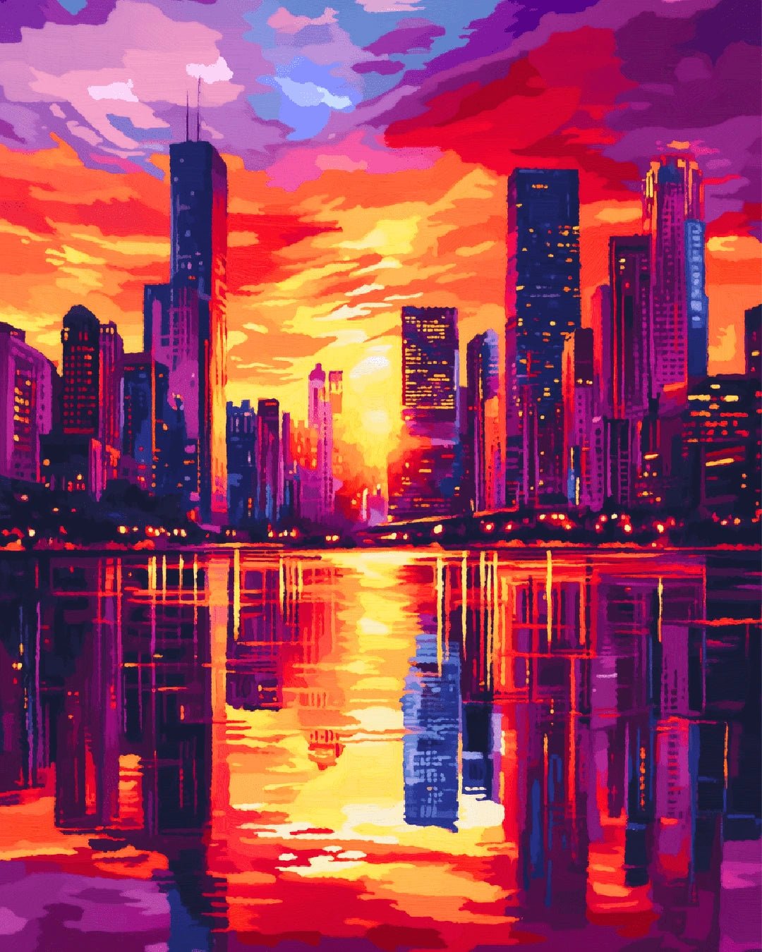 Canvas city paint by numbers kit for adults showing a modern skyline reflected in water at sunset by Tinta Canvas