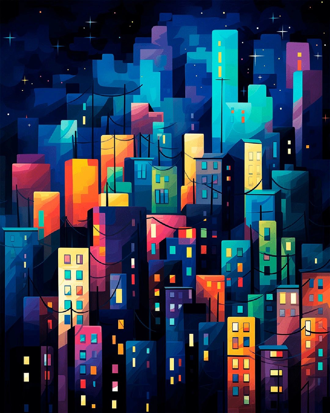 Modern city paint by numbers kit canvas painting with vibrant buildings under a night sky