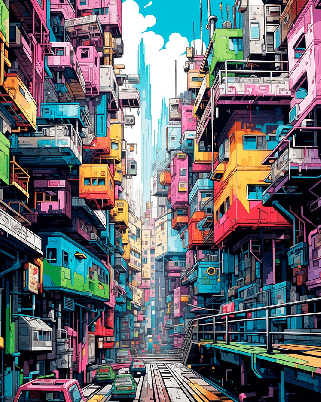 Neon Stacked City paint by numbers kit featuring a colorful futuristic city with stacked buildings