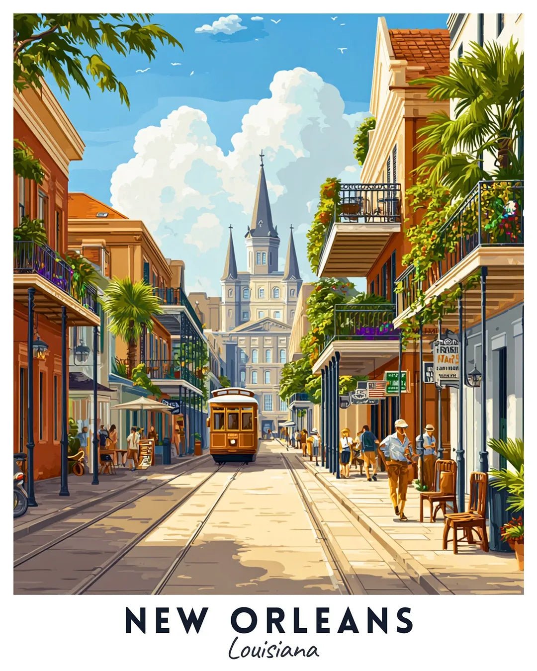 New Orleans Louisiana travel poster paint by numbers kit featuring French Quarter architecture, classic streetcar, and vibrant city street