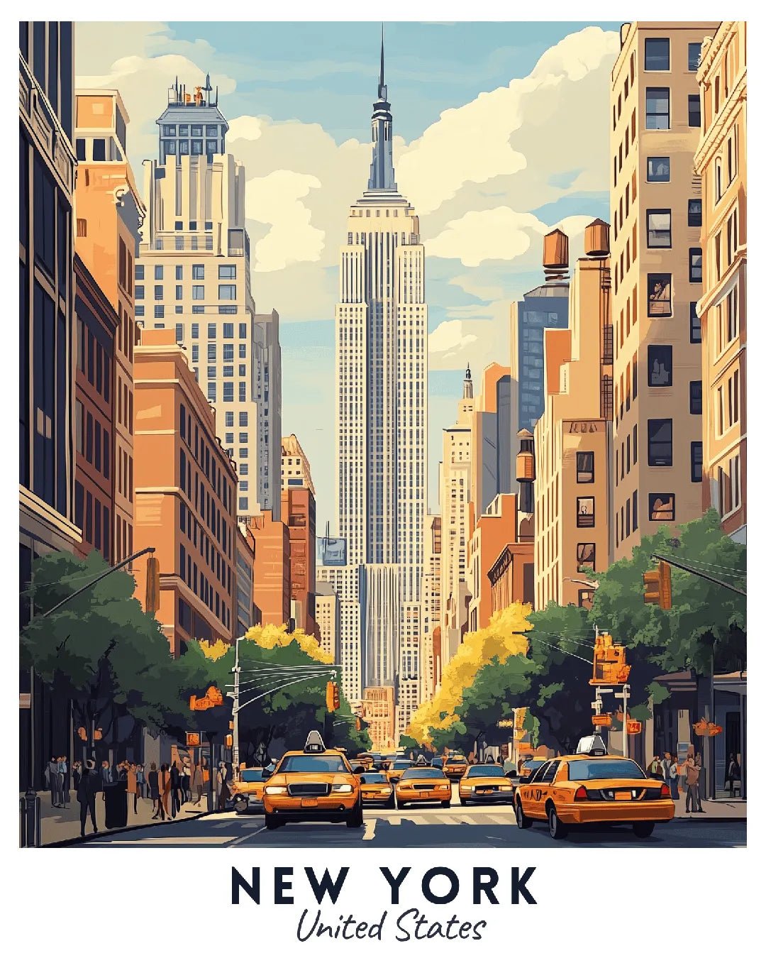 New York City travel poster paint by numbers kit featuring Manhattan skyline, classic taxis, and iconic skyscrapers