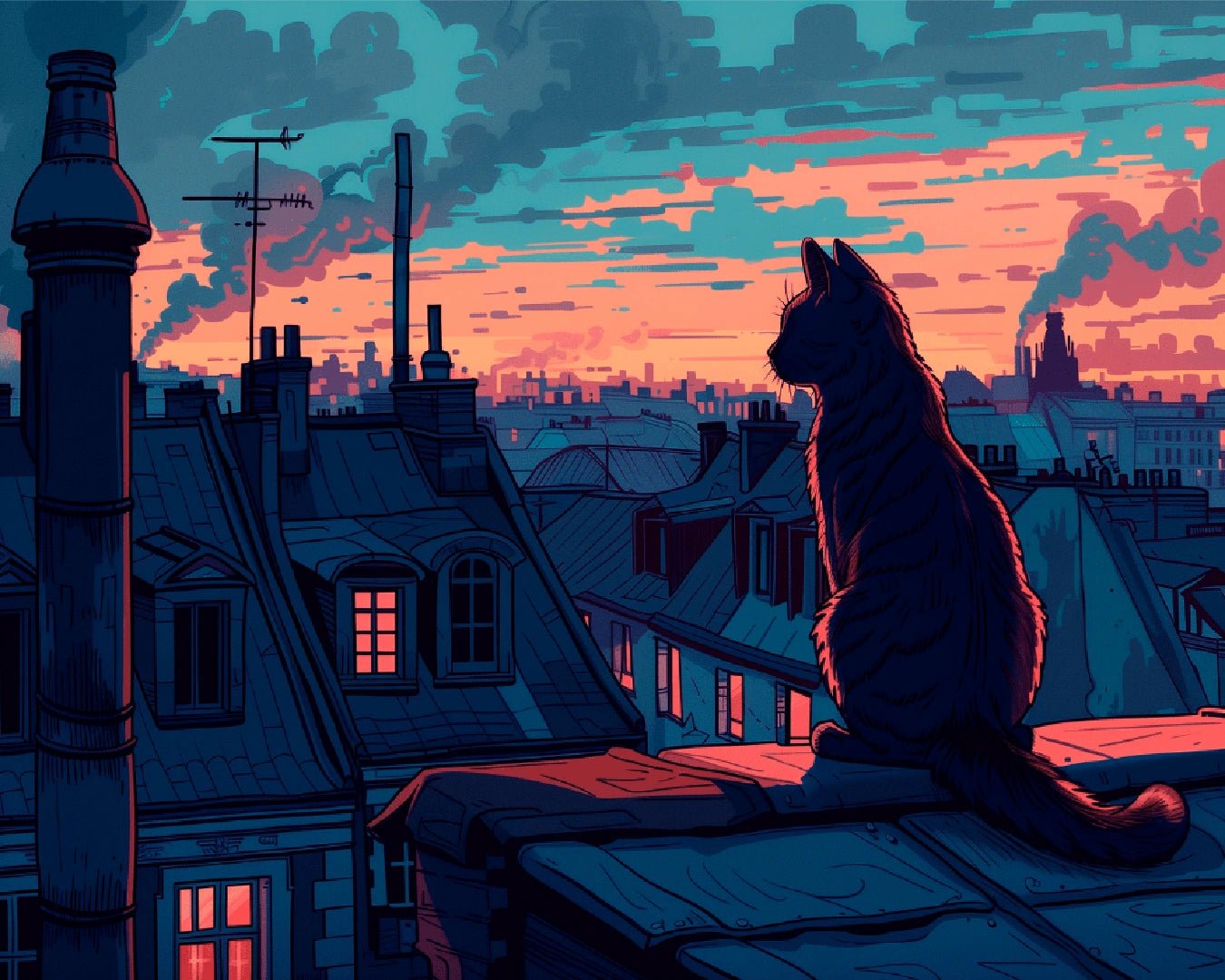 Night city paint by numbers kit canvas painting with a cat sitting on a rooftop