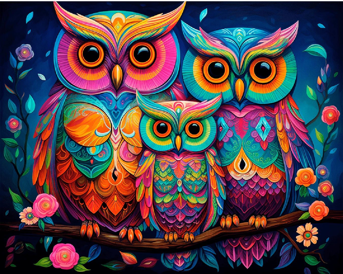 Colorful animal paint by numbers kit canvas painting featuring three vibrant owls with floral accents at night