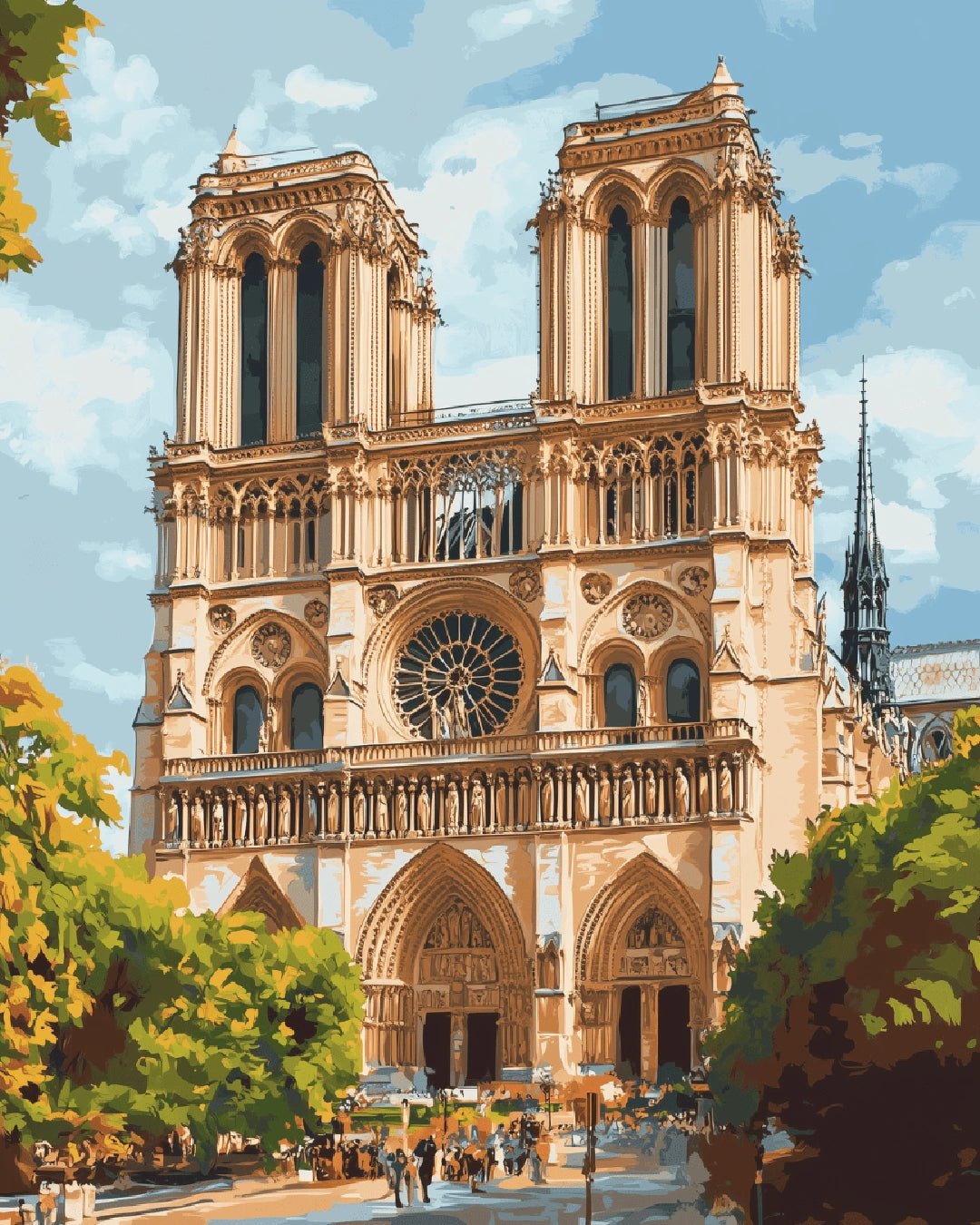 Landmark paint by numbers canvas for adults showing Notre Dame Cathedral in Paris with classic stone details