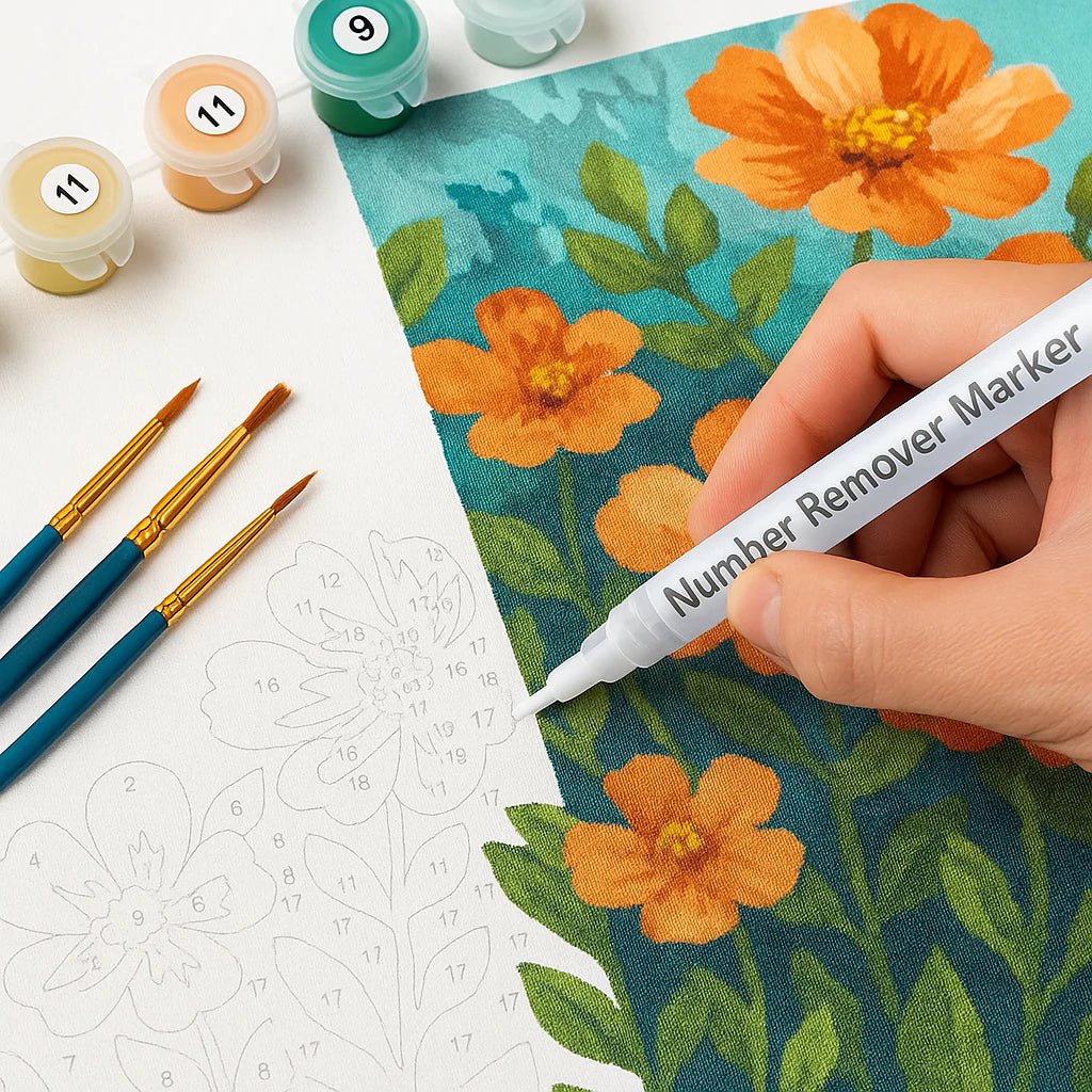 Hand using a 'Number Remover Marker' on fabric with floral design and printed pattern.