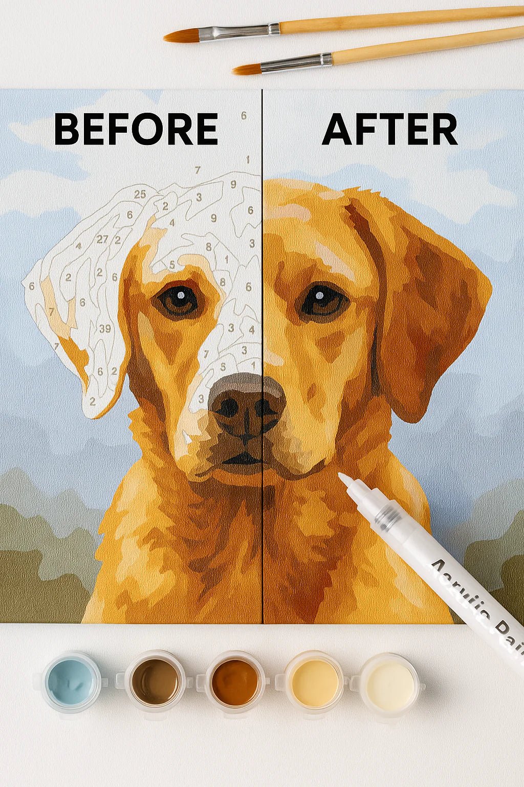 Before and after comparison of a dog painting with art supplies.