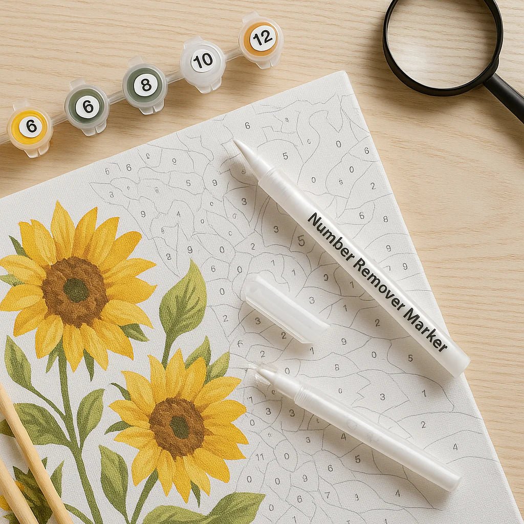 Number remover marker with sunflower design on paper and magnifying glass